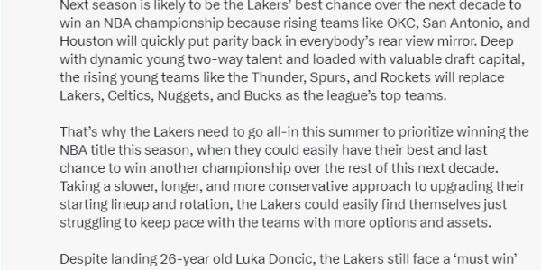 美记解析明年成湖人十年内唯一夺冠机会！列4理由：40詹最后一搏